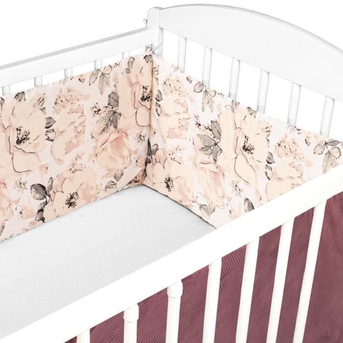 Tour De Lit Bebe Velvet 180 x 30 cm - Coton et Velours - contour lit bebe respirant pour garcon fille Rose sale motif rose sauvage