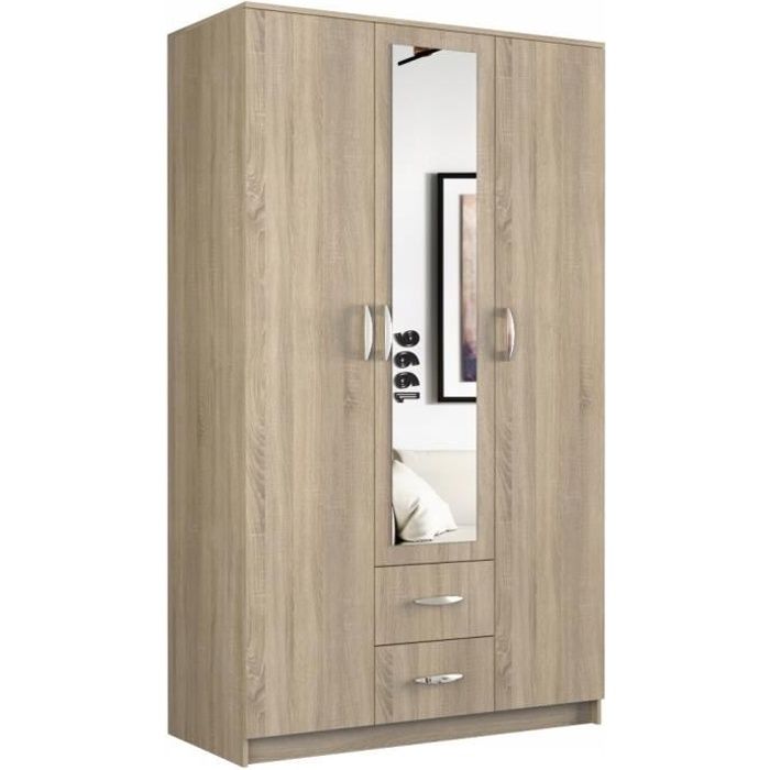ROMA - Grande Armoire chambre bureau - Penderie multifonctions - 2 portes - Miroir - 2 tiroirs - Meuble de rangement - Etagères -