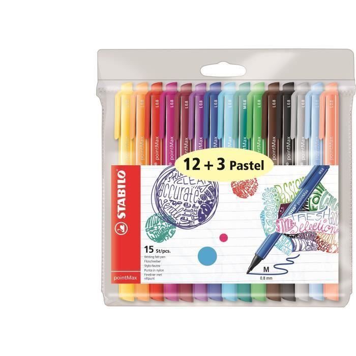 STABILO Pochette de 15 stylos-feutres PointMax - Encre à base d'eau - 12 coloris assortis + 3 pastels (Lot de 2)