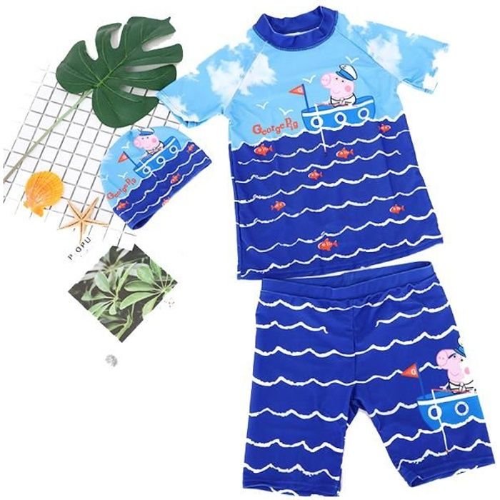 Maillot de Bain garçon pigpappige Haut+Short +Bonnet 3 pièce Anti -UV - Ensemble de Plage - Combinaison de Sport Aquatique