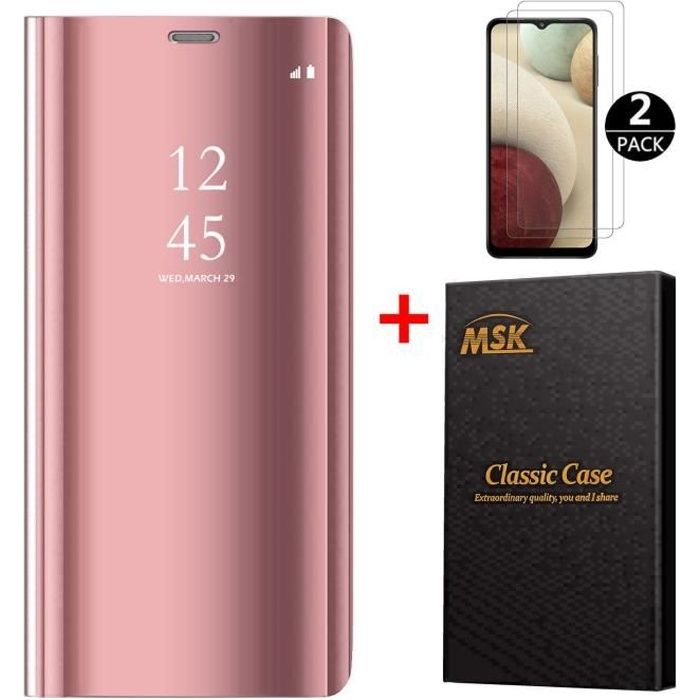 Coque Samsung A12 + [2 Pack] Verre trempé, Miroir Case Avec Stand Flip Protection Pour Samsung Galaxy A12 - Or Rose
