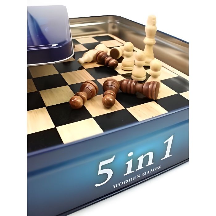 Coffret métal 5 jeux en 1 - Jeux de société classiques - échecs, dames, backgammon, dominos et tic-tac-toe - TACTIC
