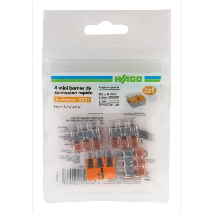 Lot de 4 bornes automatiques, 6 mm² pour rigide et souple WAGO
