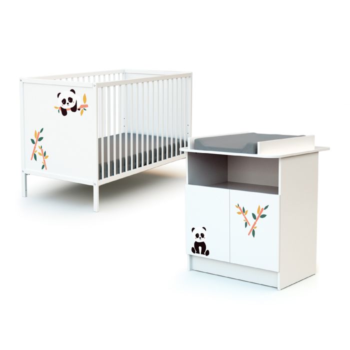 WEBABY - Duo Lit Bébé et Meuble Panda Blanc