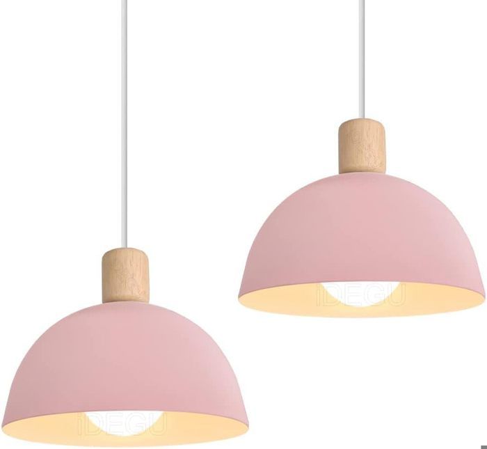 IDEGU Lot de 2 Lustre Suspension Rétro Suspension Luminaire Moderne Style Demi-Cercle Plafonnier E27 en Bois Métal Rose Ø 20CM