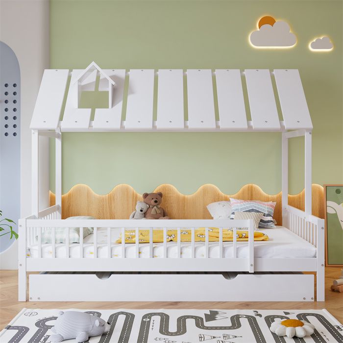 Dripex Lit de maison 120x200cm avec lit gigogne 120x190cmLit enfant avec toitcheminéegrille sur 3 côtéspin+MDFBlanc