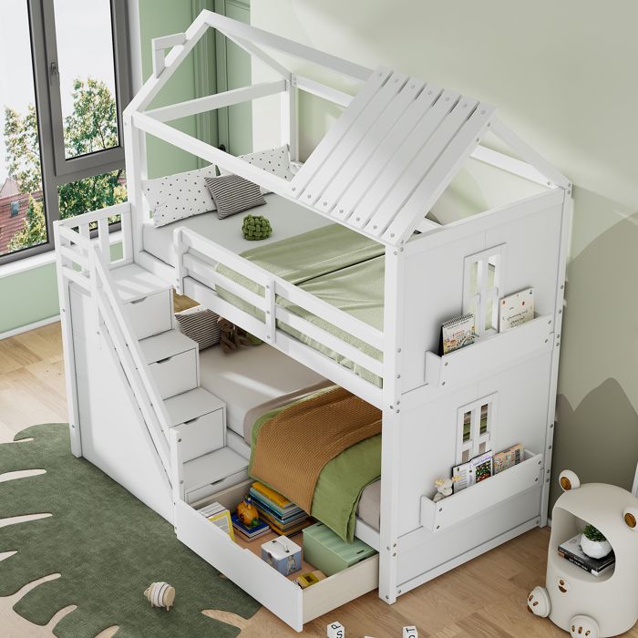 Lit superposé lit d'enfant avec rangement et protection contre les chutes Lit cabane 90 x 200 cm Lit superposé lit d'enfant avec rangement et protection contre les chutes Lit cabane 90 x 200 cm