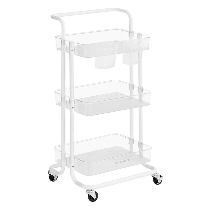 Desserte sur Roulettes à 3 Niveaux Poignée 2 Pots 2 Freins Paniers en Plastique Montage Facile Blanc et Transparent Desserte sur Roulettes à 3 Niveaux Poignée 2 Pots 2 Freins Paniers en Plastique Montage Facile Blanc et Transparent