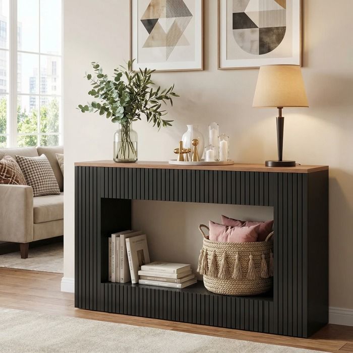Console dentrée TOPESCT 140x30x85 cm étroite basse bois rangement pour couloir salon noir
