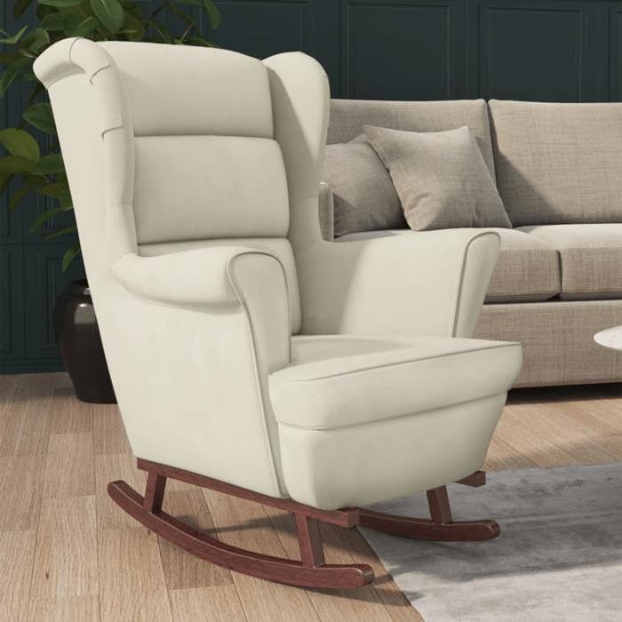 Fauteuil à bascule - SWEETY - pieds en bois massif dhévéa Crème Velours - L 74xP 90xH 102 cm EU3053