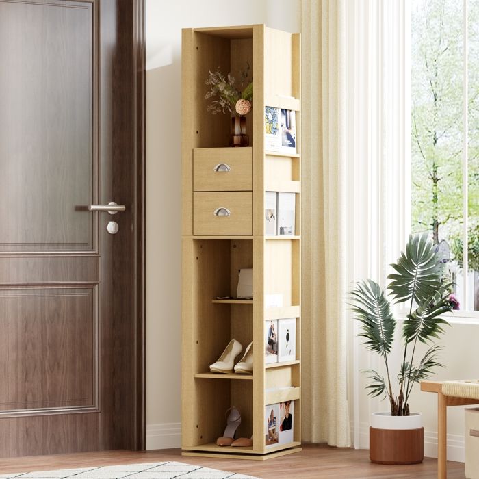 Vestiaire Pivotante avec Miroir pour l’Entrée Meuble d’Entrée avec 2 Tiroirs et 4 Compartiments Ouverts 40 x 40 x 160cm Naturel