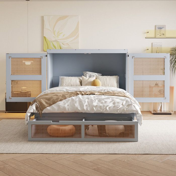 Lit Escamotable 140x200 cm avec Tiroirs de Rangement Lit Mural avec Sommier à Lattes Lit Double en Bois Gris