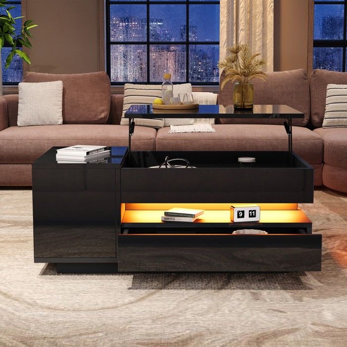 Table basse relevable 95x50x34,5 cm noir, avec LED, tiroir et ...
