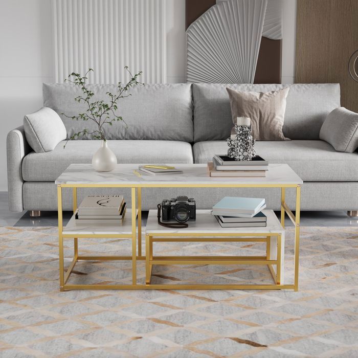 Table basse - Lot de 2 - ANDEONLINE - Style Moderne - Blanc et Or - table de salon - Rectangulaires - Motif marbré