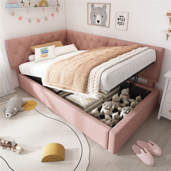 Lit coffre 90x190 fille avec sommier canapé lit lit une personne pour enfant tete de lit rembourré interchangeables velours rose