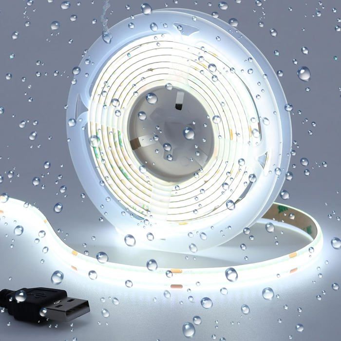 Bande LED COB USB 5V Blanc froid 6500K Étanche IP65 IRC 93+ Alimentation USB 5 m (16 pi) 320 LED/m Ruban LED flexible