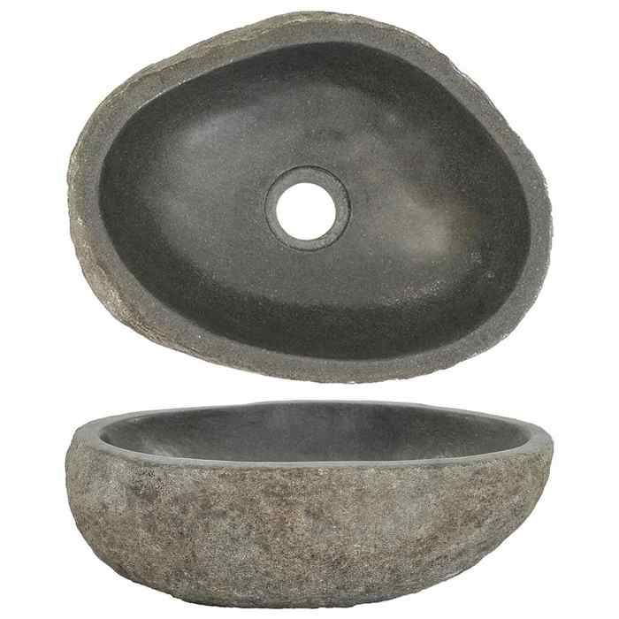 Lavabo en pierre de rivière - vidaXL - Ovale - Anthracite - 29-38x24-31 cm - Pierre naturelle - Trou de vidange 45 cm