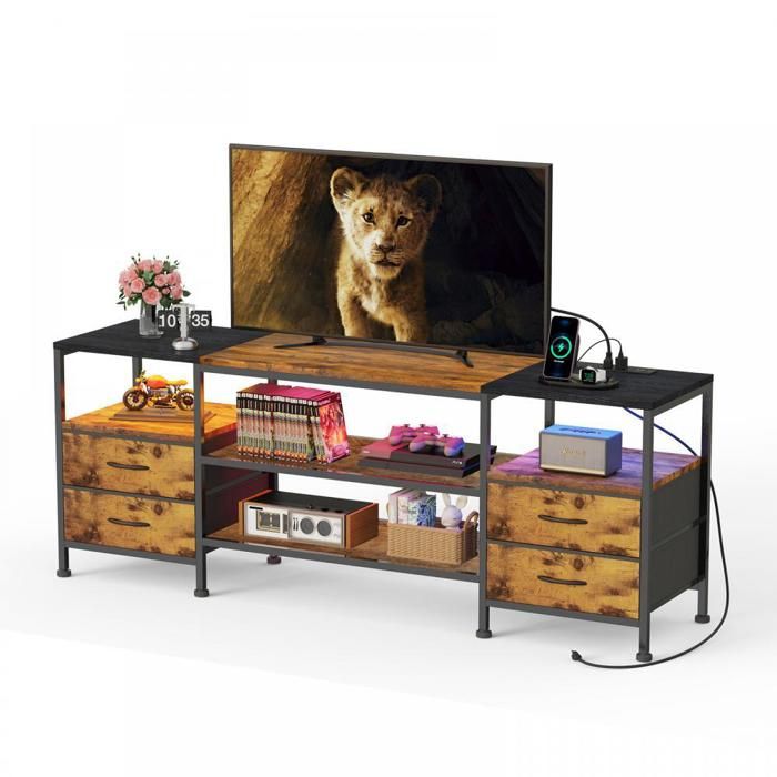 Meuble TV avec Multiprise - Avec 4 Tiroirs en Tissu et Espace de Rangement Ouvert - LED Réglable - 160x40x63 cm - Marron