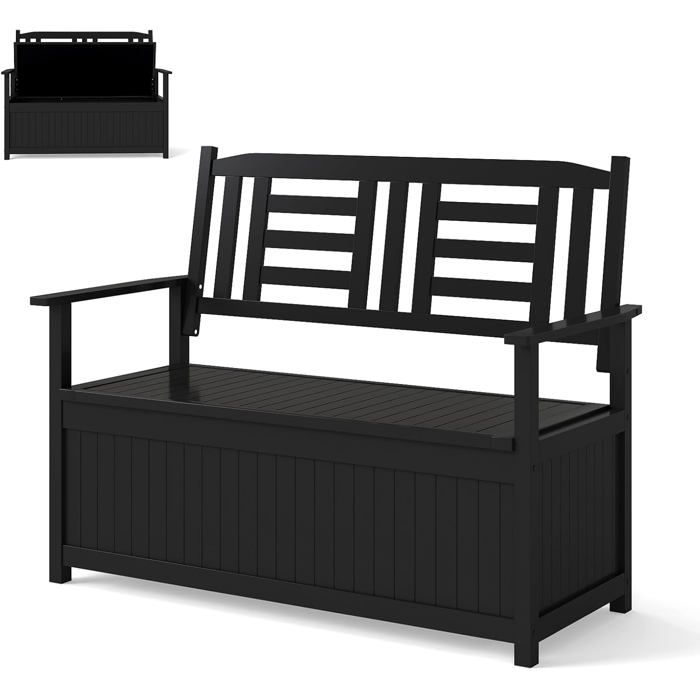 Banc de Jardin Extérieur COSTWAY en Bois Massif pour 2 Personnes 2 en 1 Siège Rangement 185 L Doublure Oxford Charge 250kg Noir