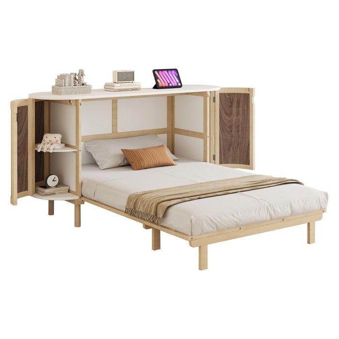 Lit Escamotable Double Bois 140x200cm Mural À Lattes Pliant Vertical Rangement Design Rotin & Bois Enfant/simple Sans Matelas