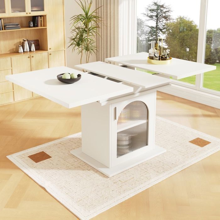 Table à manger extensible - Becag - Table de salle à manger 110-140x80cm avec rangement - Pour cuisine et salon - Blanc