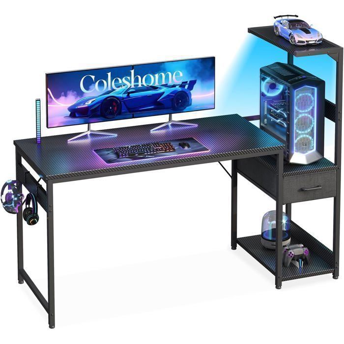 Bureau Gaming avec Éclairage LED Coleshome Bureau avec Rangement Tiroirs et Étagères 137×48 cm Noir Fibre de Carbone