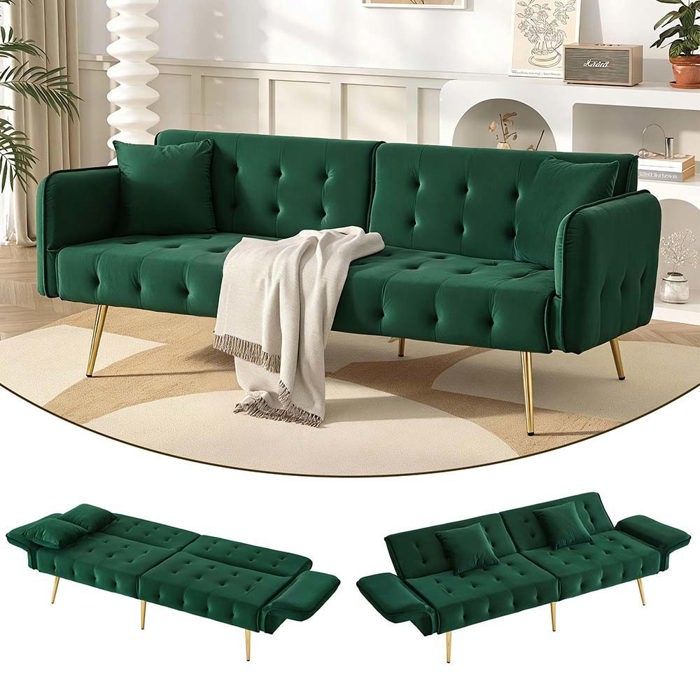 Canapé convertible 2 places - Dossier réglable - Tissu velours vert - Couchage 80 x 200 cm - Bois massif