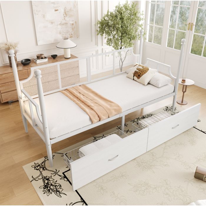 Lit banquette 90×200 cm avec 2 tiroirs. sans matelas. métal. blanc
