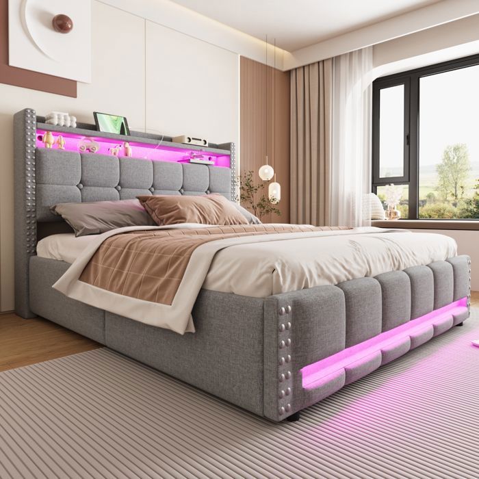 Lit Coffre 160x200 Cm - Lit Capitonné Avec LED Prise USB Et Étagère De Rangement - Lin Gris Clair