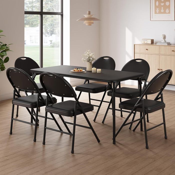 Lot de 6 chaises pliantes en similicuir avec cadre en métal et siège rembourré jusquà 150 kg NOIR