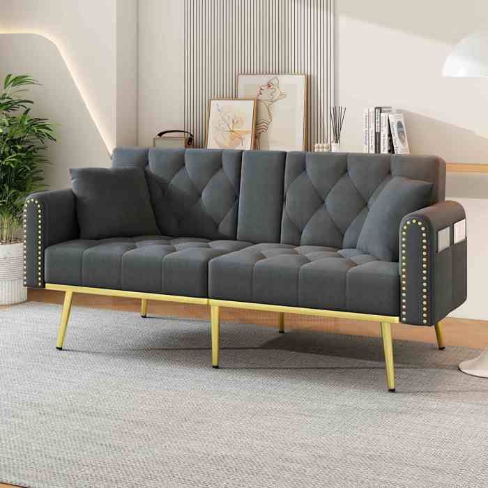 Canapé-lit double escamotable avec fonction couchage 3 positions inclinables porte-gobelets tissu gris