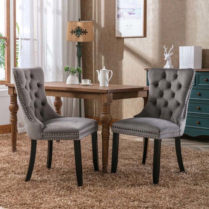 Lot de 2 chaises de salle à manger - Dossier haut velours - Bois massif - Pieds réglables - Mousse haute densité