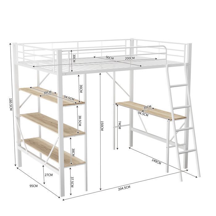 Lit superposé en métal 90x200cm avec Bureau et trois grandes étagères pour enfants adolescents et adultes blanc