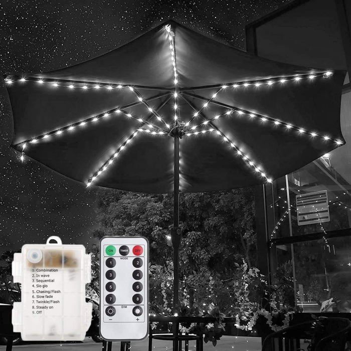 Etanche 104LED Lampes pour Parasol de patio à piles Avec Télécommande 8 Modes Lumières (Blanc) [Classe énergétique A]