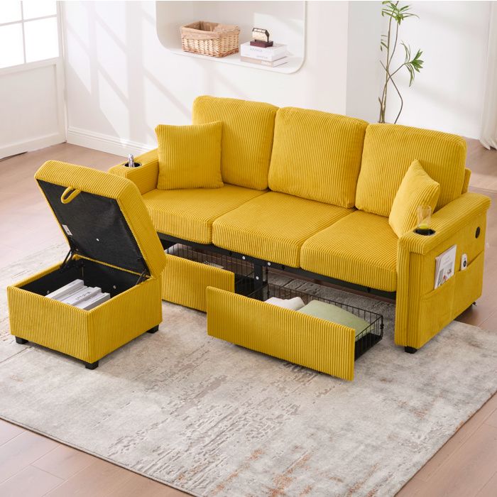 Canapé modulable 4 places EVRYAE 194 x 73 x 81 cm avec rangement LED USB Type-C pouf coffre jaune moutarde