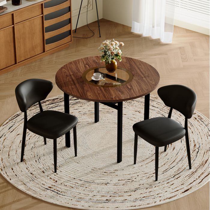 Table ronde marron et noir Ø 100 x H 76 cm 1 table 2 chaises plateau MDF aspect bois verre trempé design moderne