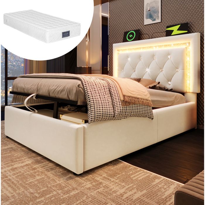 ULEVR Lit coffre 90x200 cm en velours beige avec tête de lit LED USB Type-C et matelas inclus