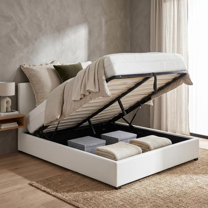 Lit coffre - SAMPUR - Versailles - 140x190 cm - Simili cuir blanc - Sommier à lattes Lit coffre - SAMPUR - Versailles - 140x190 cm - Simili cuir blanc - Sommier à lattes