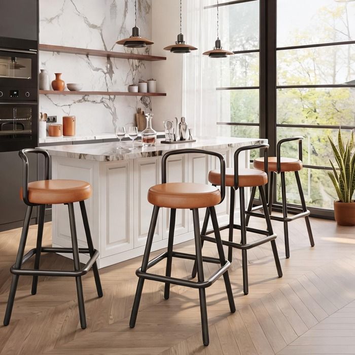 Lot de 4 tabourets de bar carrés en simili cuir PU marron structure métal 37x37 cm