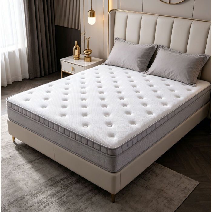 Matelas 120 x 200 cm - VIVRYN - 7 zones - H3 mi-ferme - 25 cm - Bords renforcés - Mousse et ressorts - Blanc ancien