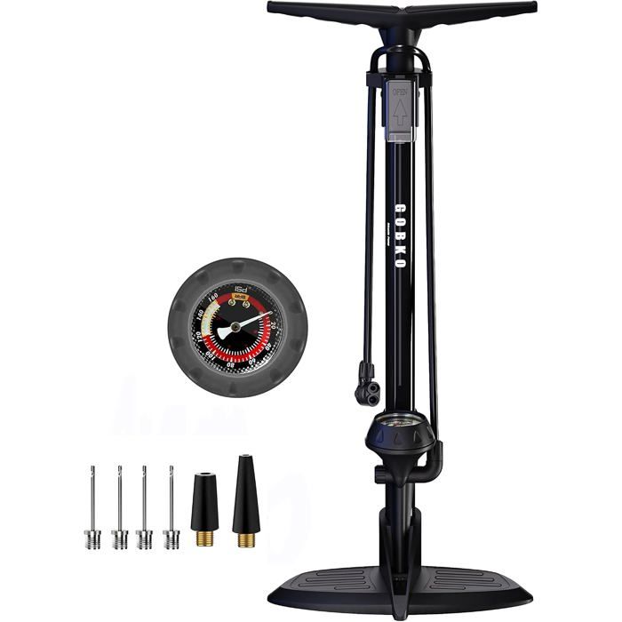 Pompe à pied pour vélo - Avec jauge de pression et double tête - Adaptée à toutes les valves