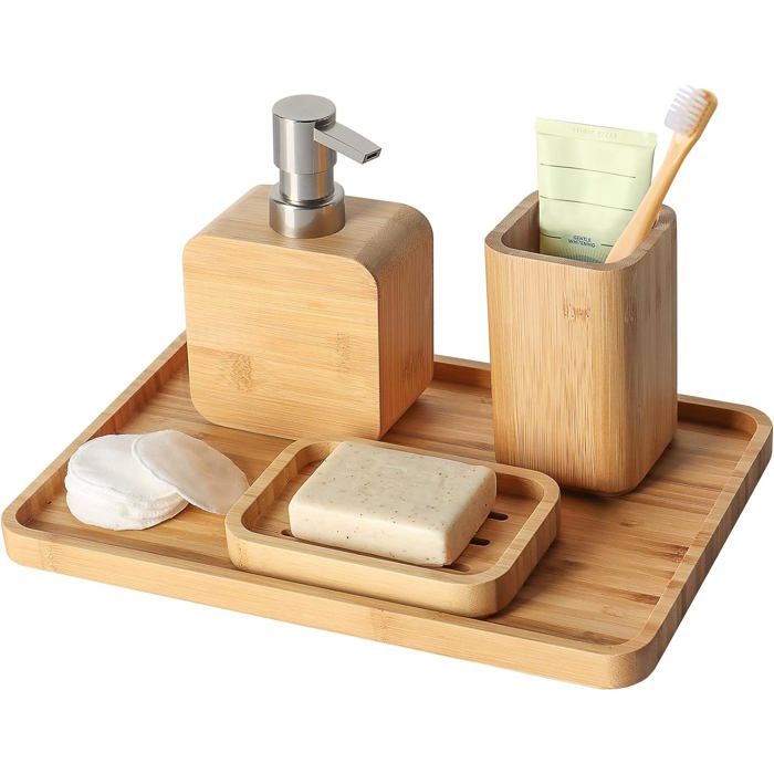 Accessoires de salle de bain en bambou  - Lot de 4 pièces - Matériau bambou naturel - Design contemporain