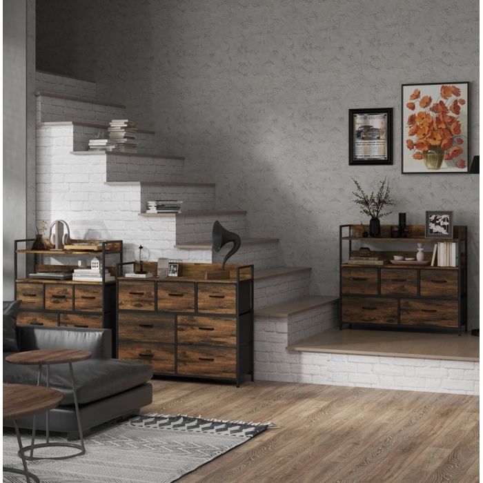 JOINERY meuble buffet rangement 7 tiroirs commode industrielle 98 x 29 x 85 cm acier polyester marron plateau supérieur