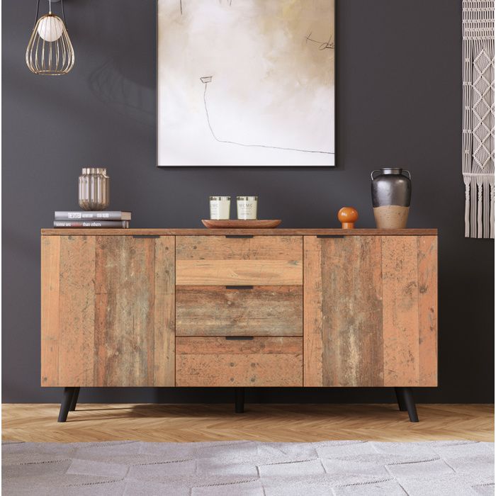 ROVRYN Meuble TV buffet bas 140 x 35 x 70 cm style vintage marron antique 3 tiroirs 2 portes