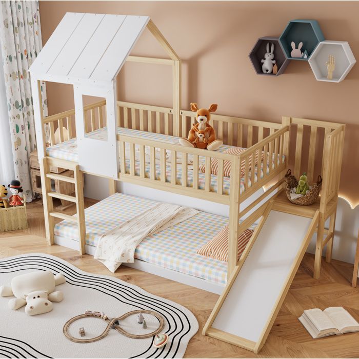ROVRYN Lit mezzanine enfant 90 x 200 cm avec toboggan toit et fenêtre pin et MDF naturel et blanc