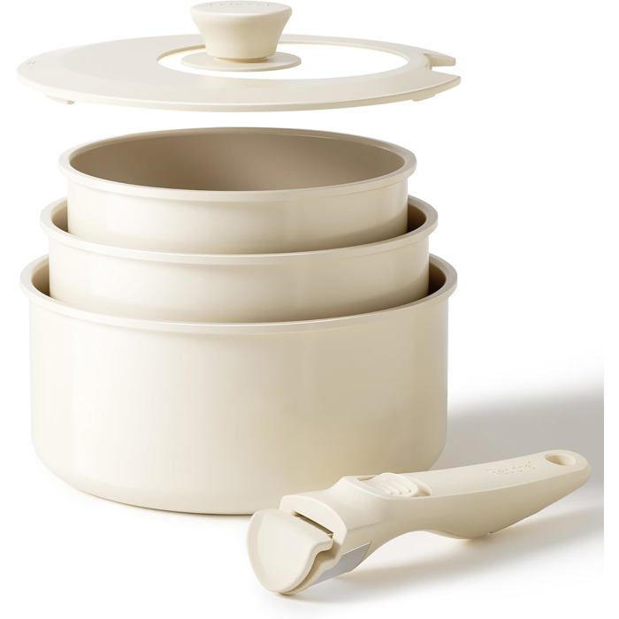 Set Casseroles Céramique 3 Pièces Poignées Amovibles Antiadhésif Induction Couvercle 3 En 1 Sans PFOA Beige