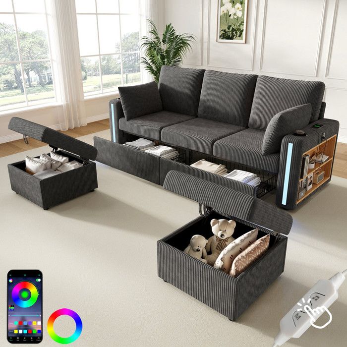 Canapé dangle 3 places en U/L Canapé modulable en velours côtelé avec LED 2 tiroirs 2 poufs de rangement 2 porte-gobelets gris