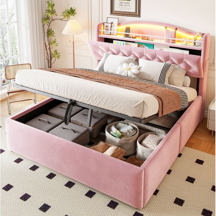 MEUBLIV Lit coffre 140 x 200 cm en velours rose tête de lit LED avec USB et USB-C rangements intégrés