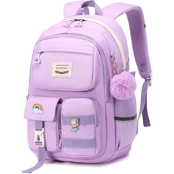 XJYDNCG Cartable Fille Primaire Grand Format - Tissu Oxford Résistant Imperméable Grande Capacité Multi-Poches - 47x32x19cm - Violet