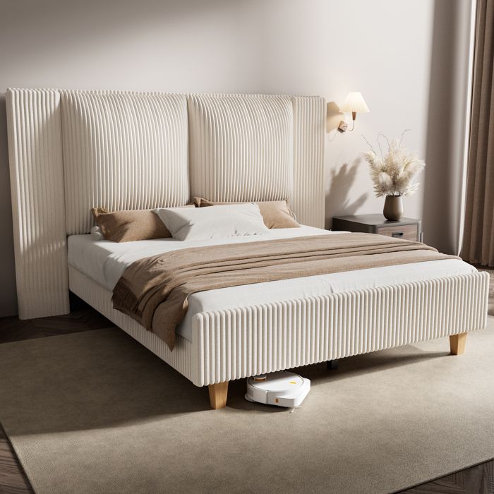 Lit 160x200 cm Patbrela - Cadre de lit rembourré avec tête de lit haute velours côtelé montage rapide support renforcé Beige